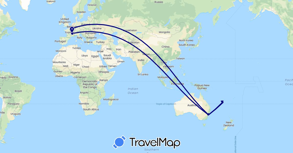 TravelMap itinerary: driving in Australia, France, New Caledonia (Europe, Oceania)